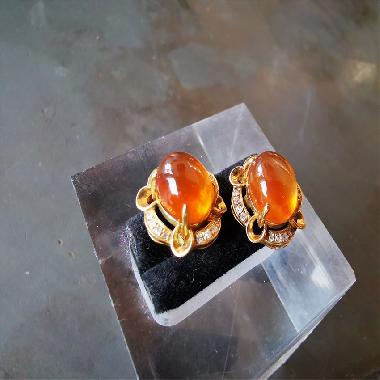 金丝玉18K金镶钻耳钉